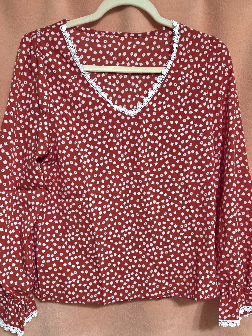 Red Floral Lace-Trim V-Neck Women's Top